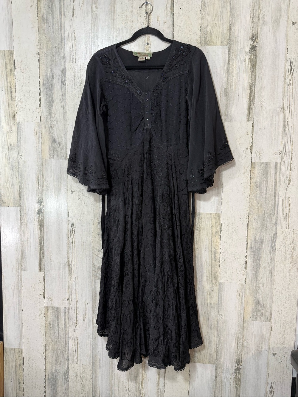 Butterfly Rayon Black Embroidered Maxi Dress Trumpet Sleeve - Picture 4 of 15